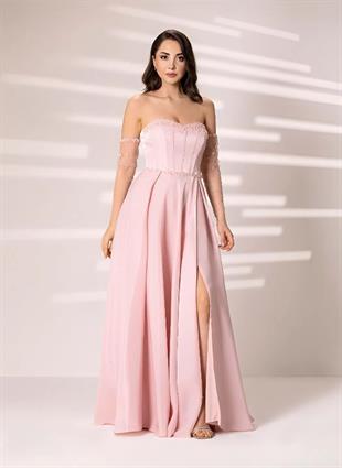 629 Straplez Tül Kollu Saten Prenses Taşlı Elbise