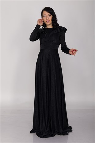 6394 KB Yaka Fırfırlı Tesettür Simli Elbise