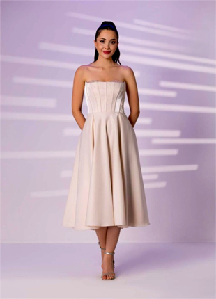 640 Straplez Yaka Taşlı Balenli Midiboy Saten Elbise