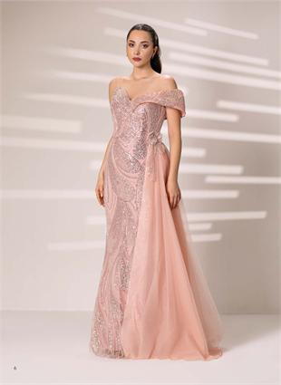 645 Tek Omuz Payet Nakışlı Kuyruklu Uzun Nişanlık