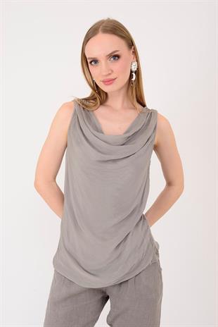 64967 Şal Yaka Sıfır Kol İpek Bluz
