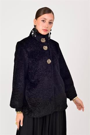 65756 Düz Desen Asimetrik Pirinç Düğmeli Peluş Kaban
