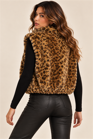 67225 Leopar Desen Dikyaka Cep Kapak Detay Kısa Fermuarlı Kürklü Yelek