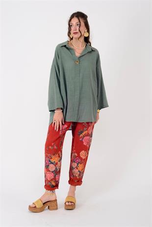 6816 Beli Lastikli Keten Duble Paça Şalvar Pantolon