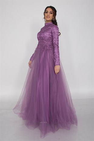 6943 Uzun Kol İşlemeli Tesettür Nişanlık Abiye Elbise