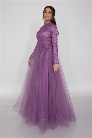 6943 Uzun Kol İşlemeli Tesettür Nişanlık Abiye Elbise