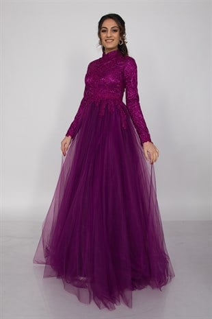 6943 Uzun Kol İşlemeli Tesettür Nişanlık Abiye Elbise