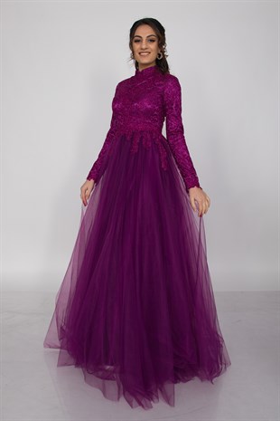 6943 Uzun Kol İşlemeli Tesettür Nişanlık Abiye Elbise