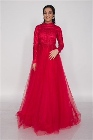 6943 Uzun Kol İşlemeli Tesettür Nişanlık Abiye Elbise