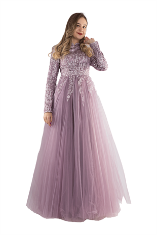 6950 Uzun Kol Sim İşli Tesettür Nişanlık Abiye Elbise