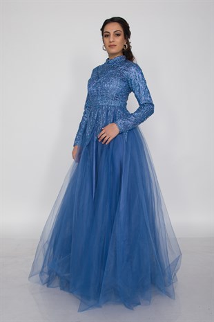 6950 Uzun Kol Sim İşli Tesettür Nişanlık Abiye Elbise