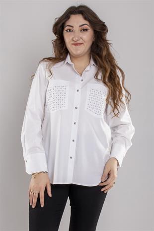 7003 Büyük Beden Cepli Zımba Detay Pamuklu Gömlek