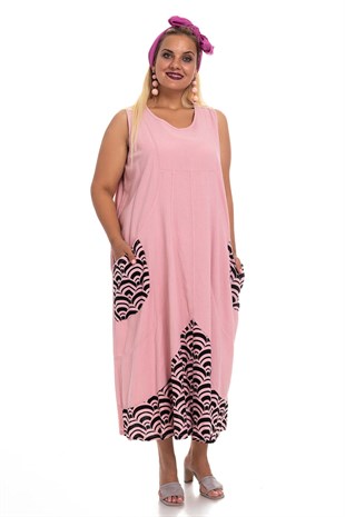 7009 EtekUcu Ve Cepleri Desenli Kolsuz Pamuk Elbise