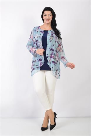 701 Büyük Beden Çiçek Desen Önü Ceket Görünümlü Şifon Bluz