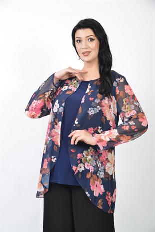 701 Büyük Beden Çiçek Desen Önü Ceket Görünümlü Şifon Bluz