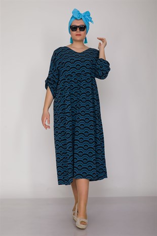 7013-1 V Yaka Cepli Desenli Pamuk Elbise