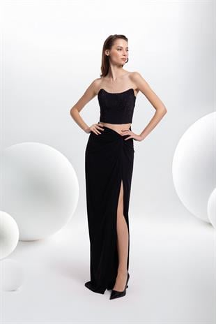 7016 Taşlı Büstiyer Etek Detay Krep Takım