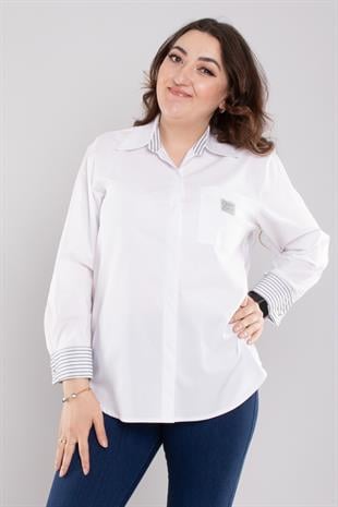 7026 Büyük Beden Kol Çizgili Cepli Gizli Düğmeli Pamuklu Gömlek
