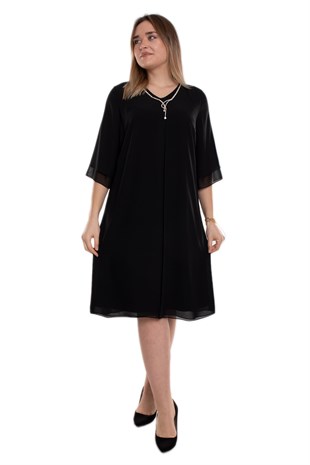 137(7030-150) Büyük Beden SuYolu Taş Kolyeli Krep Şifon Elbise