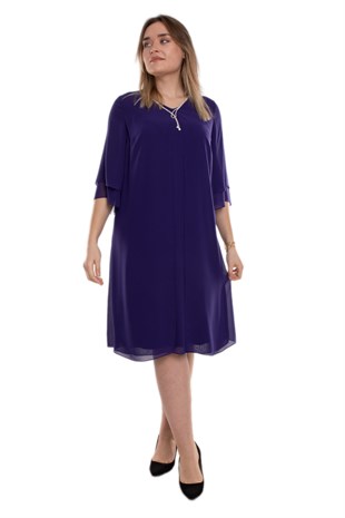 137(7030-150) Büyük Beden SuYolu Taş Kolyeli Krep Şifon Elbise