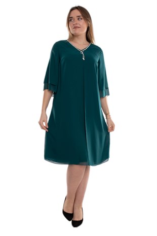 137(7030-150) Büyük Beden SuYolu Taş Kolyeli Krep Şifon Elbise