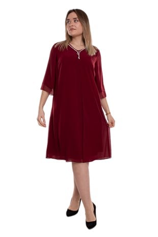 137(7030-150) Büyük Beden SuYolu Taş Kolyeli Krep Şifon Elbise