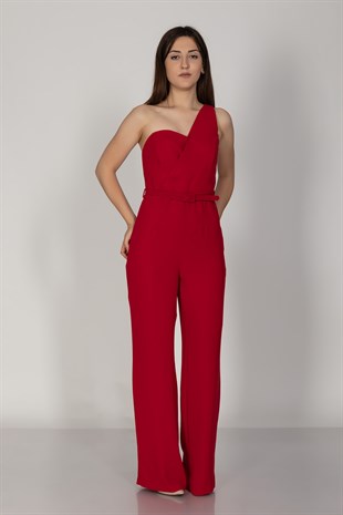 70302 Tek Omuz Beli Kemerli Önü Kruvaze Krep Abiye Tulum