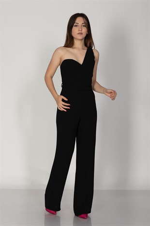 70302 Tek Omuz Beli Kemerli Önü Kruvaze Krep Abiye Tulum