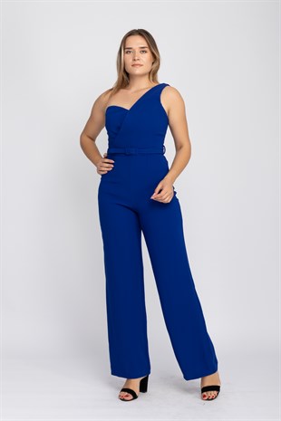 70302 Tek Omuz Beli Kemerli Önü Kruvaze Krep Abiye Tulum