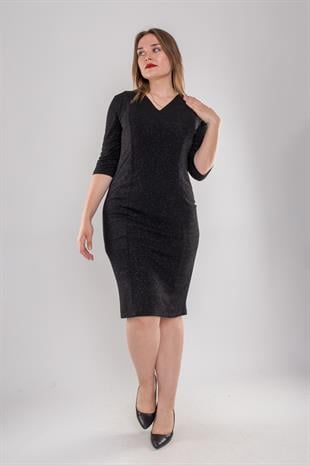 7040-1(109) Büyük Beden Kruvaze Yaka Simli Kumaş Kısa Elbise