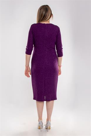 7040-1(109) Büyük Beden Kruvaze Yaka Simli Kumaş Kısa Elbise