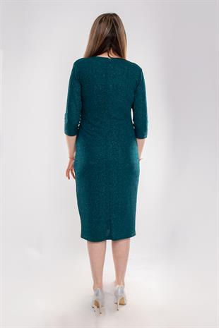 7040-1(109) Büyük Beden Kruvaze Yaka Simli Kumaş Kısa Elbise