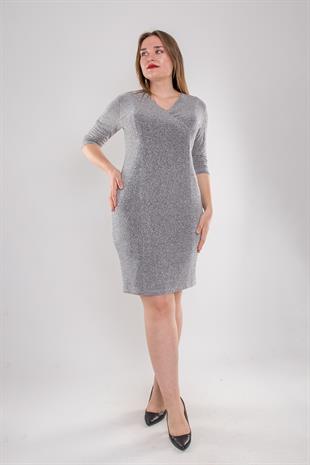 7040-3 Büyük Beden Kruvaze Yaka Simli Truvakar Kol Kısa Elbise