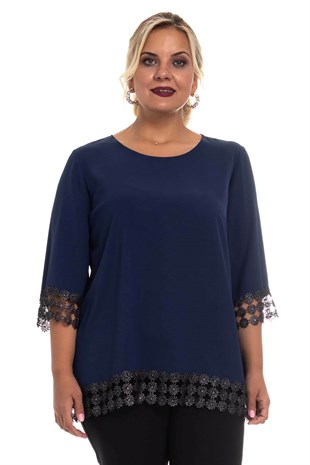 7041 Kolu ve Etek Ucu Papatya Güpür Büyük Beden Bluz