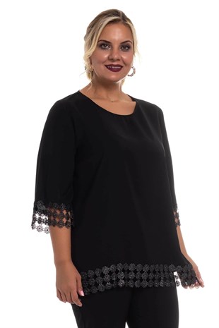 7041 Kolu ve Etek Ucu Papatya Güpür Büyük Beden Bluz