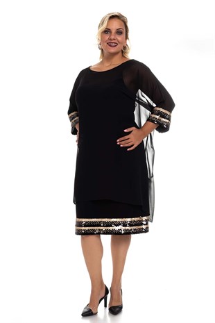 7042 Kol Ve EtekUcu Payetli İkili Şifon Elbise