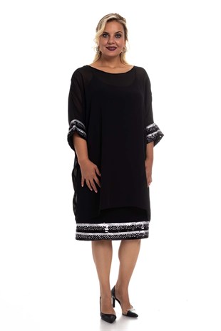 7042 Kol Ve EtekUcu Payetli İkili Şifon Elbise