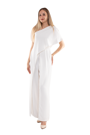 70441 Sıra Taşlı Tek Omuz Şal Detay Krep Abiye Tulum