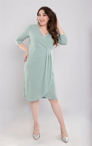 7046(104) Büyük Beden Kruvaze Yaka Piliseli Simli Kısa Elbise