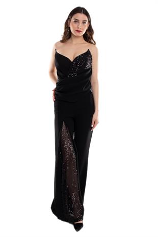 70510 Straplez Göğüs ve Paça Pulpayet Detay Kadın Krep Tulum