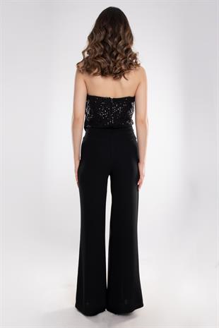 70510 Straplez Göğüs ve Paça Pulpayet Detay Kadın Krep Tulum