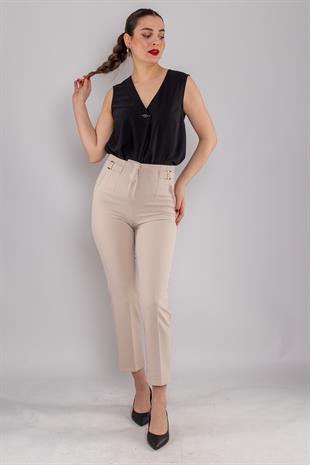 70609 Beli Pensli Tokalı Kumaş Pantolon
