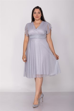 7065 Büyük Beden Kruv.Yaka Sim Kumaş Kısa Elbise