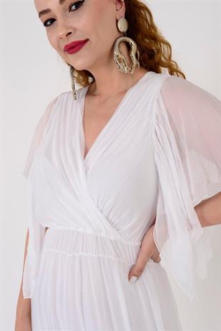 7066 Düz Desen Kruvaze Yaka İpek Elbise