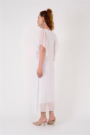 7066 Düz Desen Kruvaze Yaka İpek Elbise