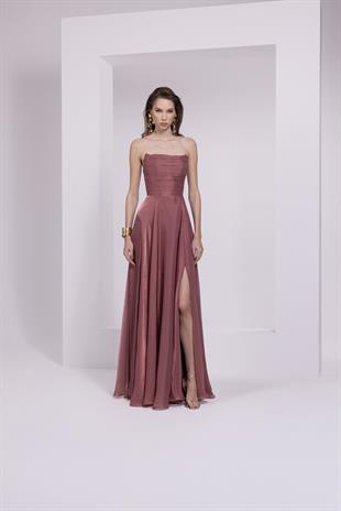 7066 Straplez Yırtmaçlı Jakarlı Drapeli Elbise