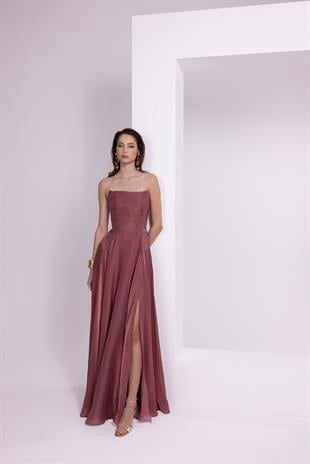 7066 Straplez Yırtmaçlı Jakarlı Drapeli Elbise