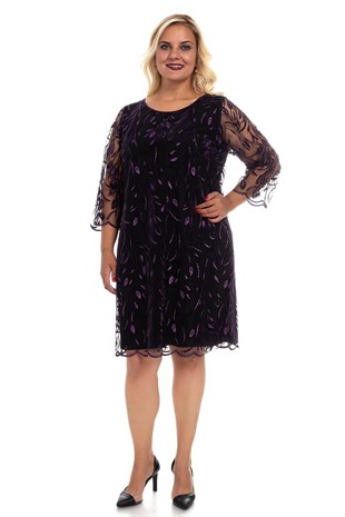 7069 Büyük Beden Yaprak Kadife Sim İşleme Astarlı Kısa Elbise