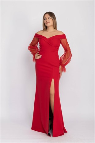 7081 Lady Yaka Tül Kol Yırtmaçlı Krep Balık Uzun Elbise