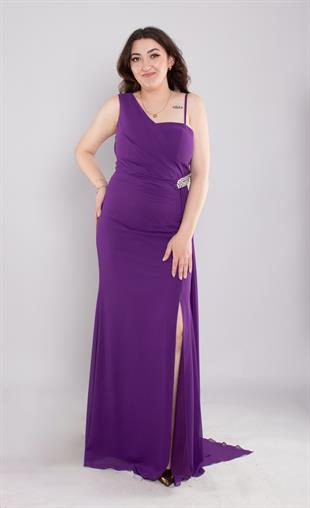 7088(1008) Büyük Beden Tek Omuz Yanı Taşlı Uzun Şifon Elbise